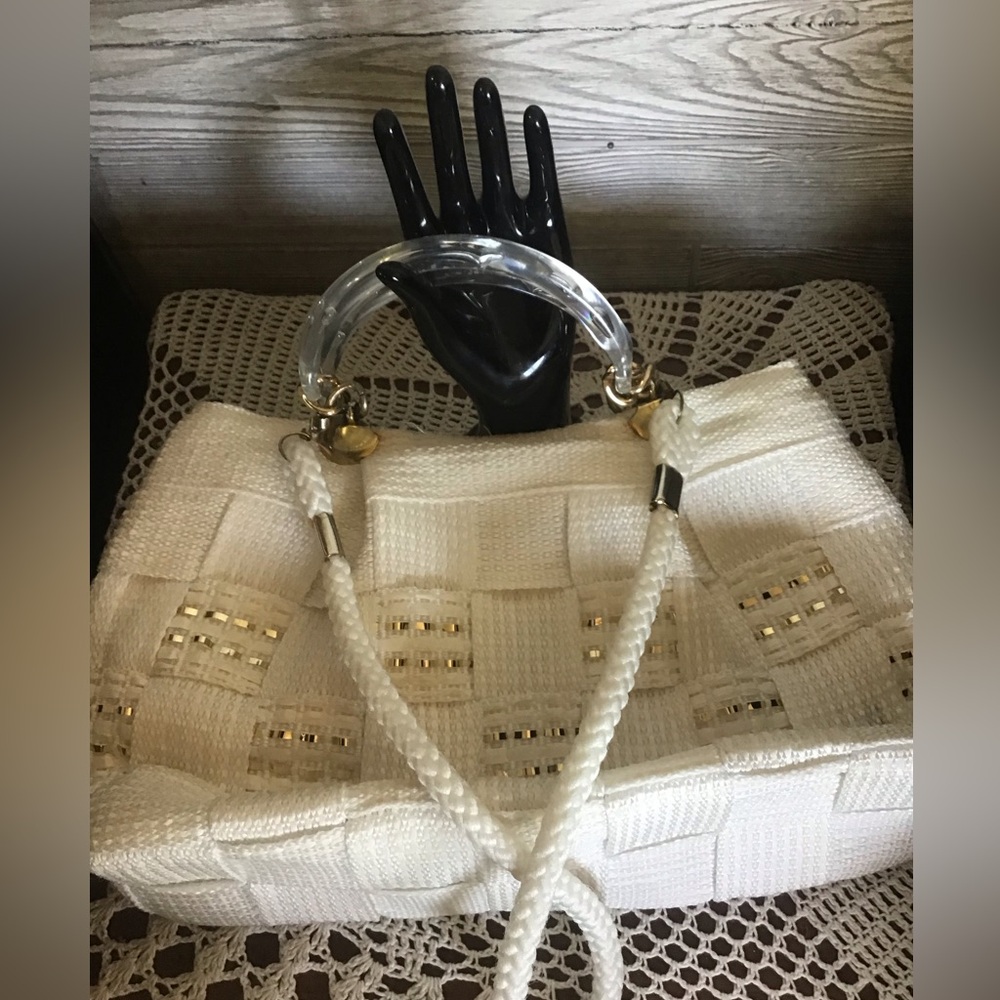 Elegant White Woven Handbag with Lucite handles
